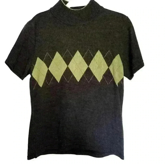 Vintage Tahari Women’s Sweater Mock Turtleneck Grey Green Argyle 90s Preppy Fall - Picture 1 of 9